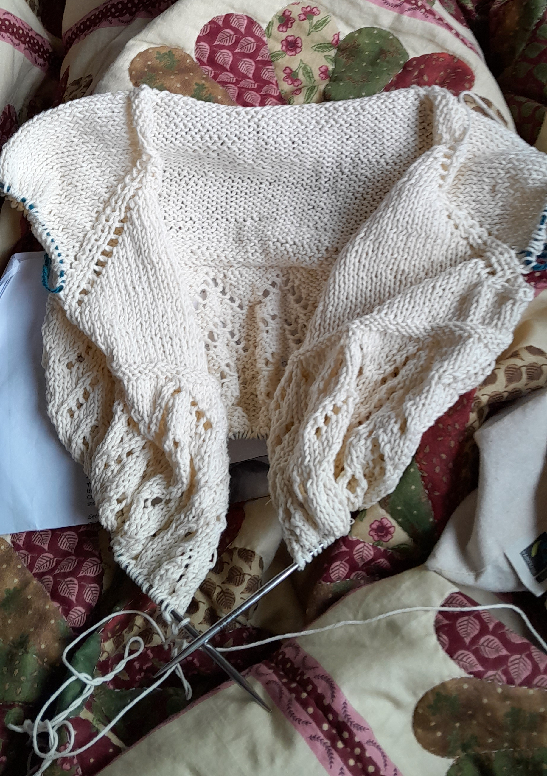 an in-progress lacy white cardigan on knitting needles. the top has raglan decreases with a lace detail and the main body of the cardigan has a v-shaped pattern repeat. there are no arms.